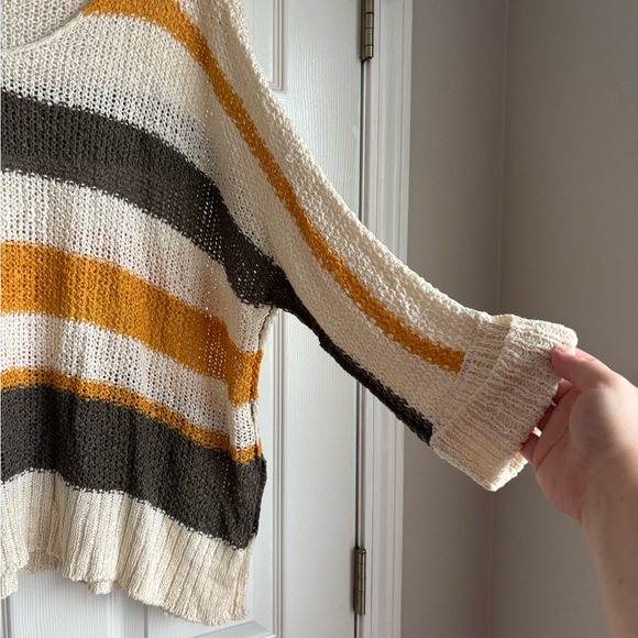 Cozy V-Neck Striped Sweater - Cream, Gold, Gray - Picture 2 of 4